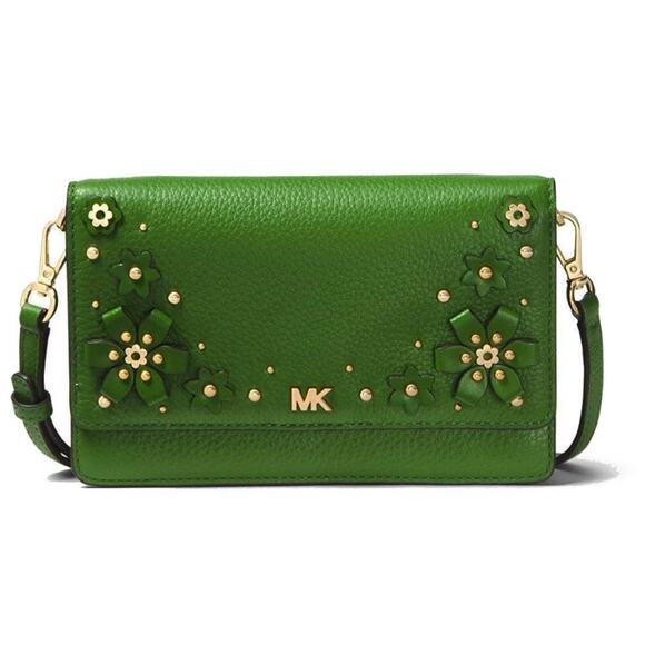 MICHAEL KORS Mercer Floral Embellished Pebbled Leather Smartphone Crossbody - Picture 1 of 14
